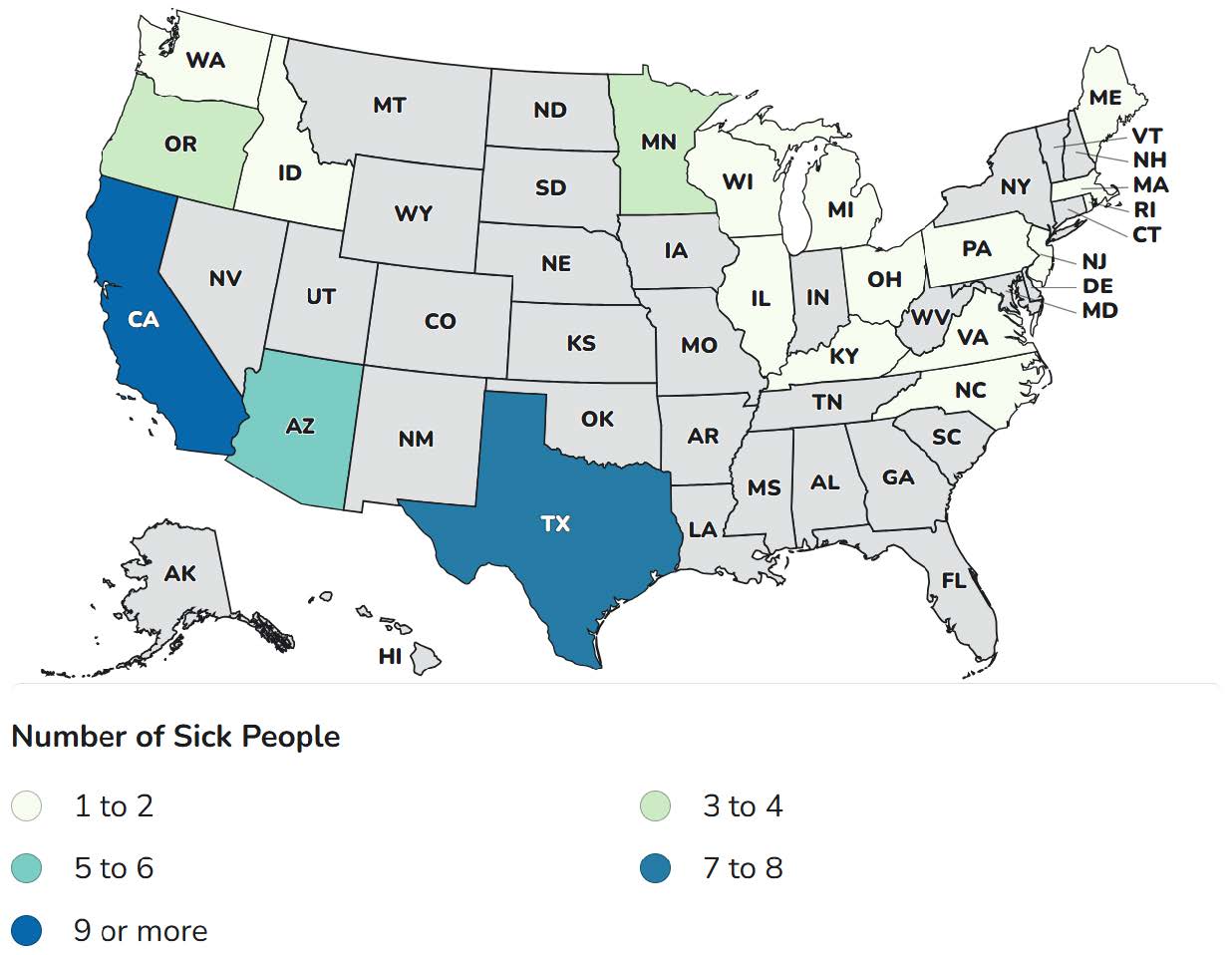 CDC Case Count Map CDC case count map with cases in Arizona, California, Idaho, Illinois, Kentucky, Massachusetts, Maine, Michigan, Minnesota, North Carolina, New Jersey, Ohio, Oregon, Pennsylvania, Road Island, Texas, Virgina, Washington, Wyoming