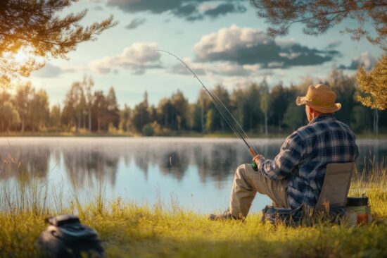 Relaxing fishing at a serene lakeside during sunset in a peaceful natural setting