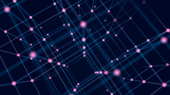 Digital blockchain concept. Data storage in separate cells. Abstract background with dots and connection lines. 3D