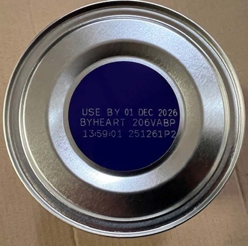 Photo of ByHeart Manufacturing Code location on container Photo of ByHeart Manufacturing Code location on container