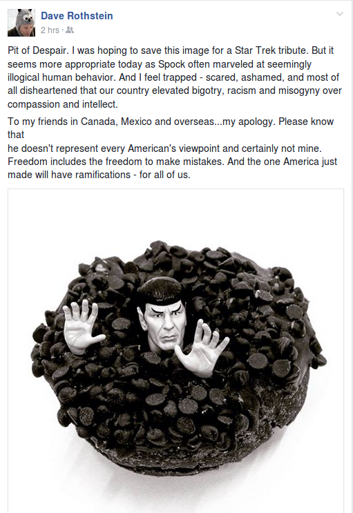 Spock sinking inside a mass of chocolate chips on a donut with Dave lamenting being in a pit of despair over recent political events.