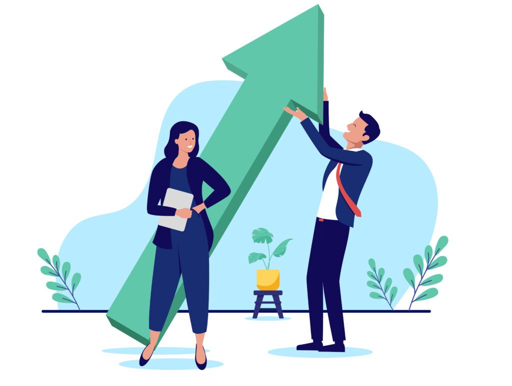 Two happy business characters smiling while working on company growth, success and achievement together as a team. Flat design vector illustration growing lawyer population