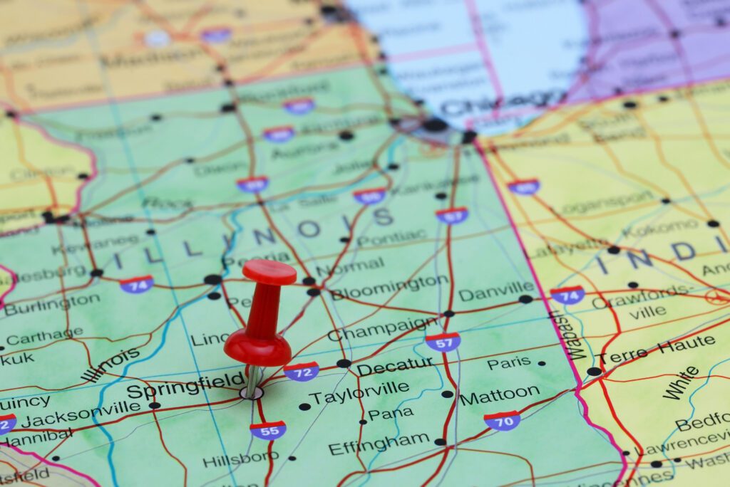 illinois NextGen Bar Exam Photo of pinned Springfield on a map of USA. May be used as illustration for traveling theme.