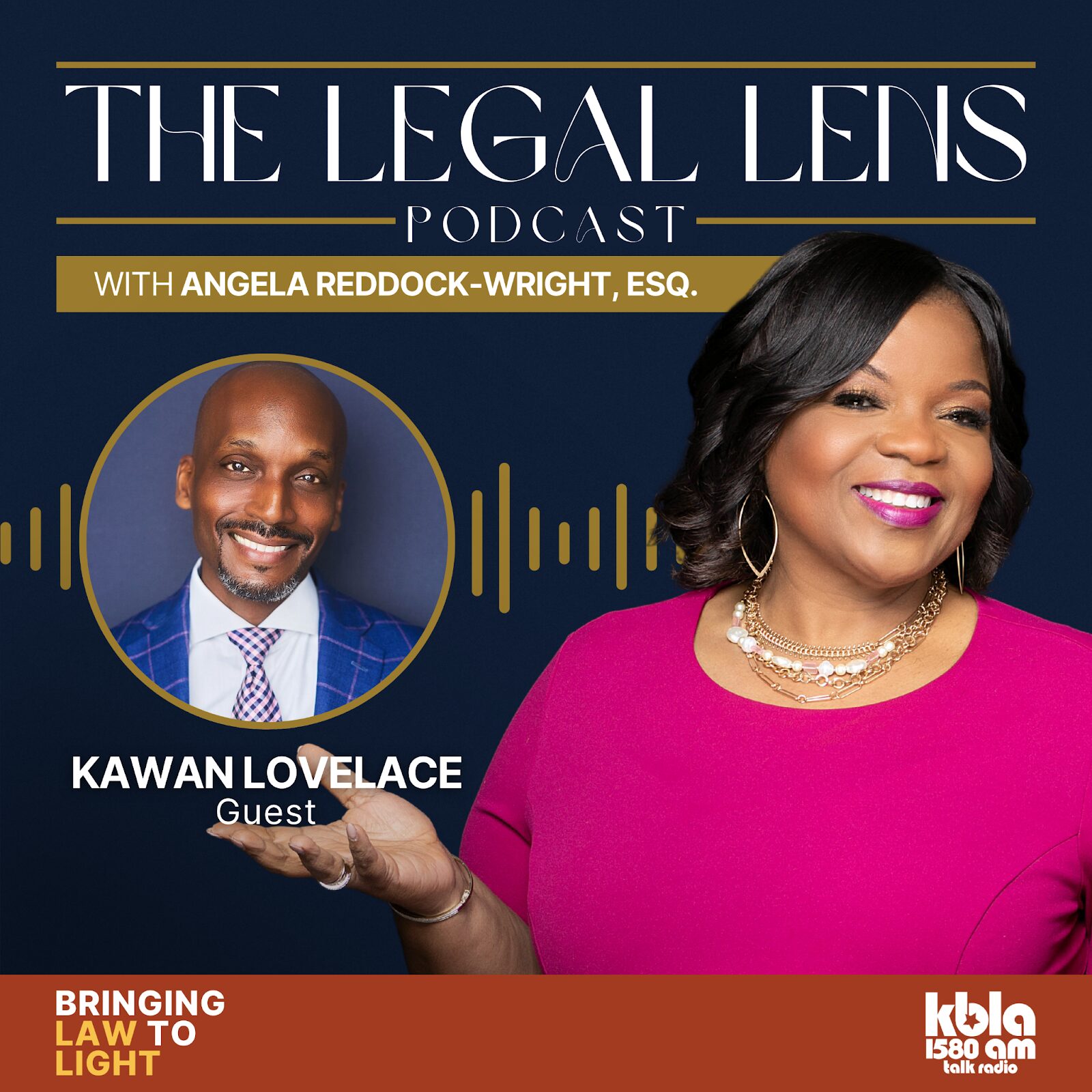 A flyer promoting a recent episode of the Legal Lens Podcast that featured a riveting conversation with Olympian, former NYPD detective, and former prosecutor Kawan Lovelace.