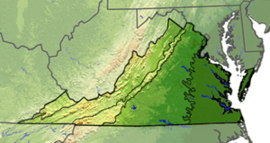 Painted relief map of the state of Virginia.
