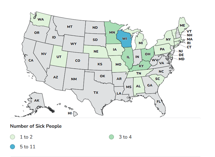 Case Count Map Provided by CDC Case Count Map Provided by CDC; States with Cases: AL, CT, DE, IA, IL, KY, MA, ME, MI, MN, MO, NE, NY, OH, PA, SC, TN, UT, VT, WA, WI