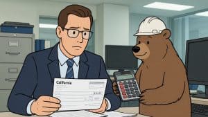California's 2026 Minimum Wage Hike: $16.90/Hour and Why Your "Exempt" White-Collar Dream Might Now Include Time-and-a-Half 2 Cartoon of confused office worker in suit holding California paycheck while a bear in hard hat offers calculator.