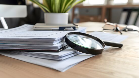 Close-up of a neatly organized stack of insurance documents with a magnifying glass on top, showcasing professionalism and attention to detail in a modern office setting.