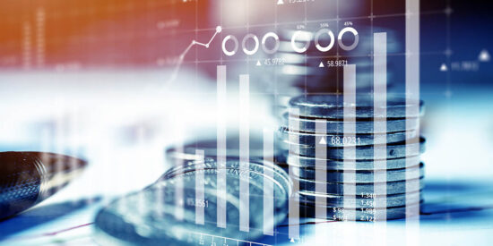 Money and business concept. Reporting charts on investment and success against the background of coins