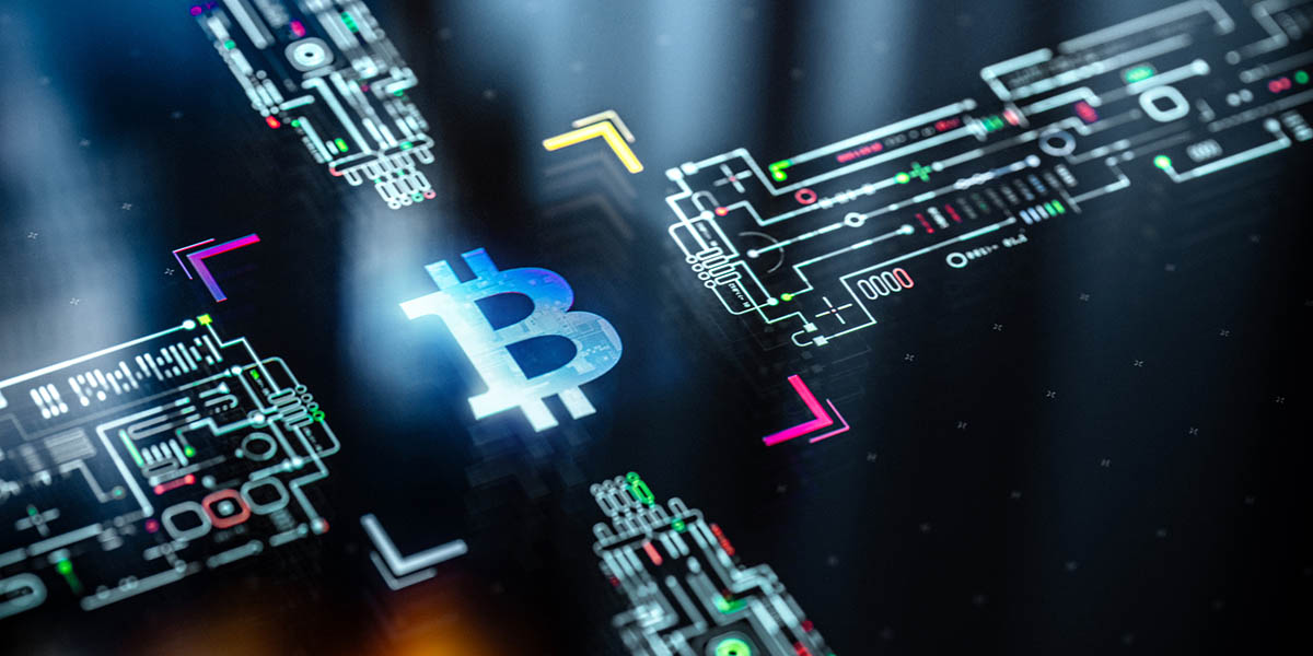Bitcoin symbol on digital display. Crypto currency and digital wallets background. Block chain in world of technological progress and innovation
