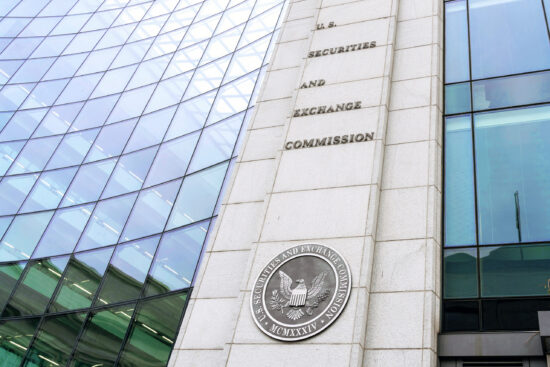 SEC sign and logo on the building in Washington DC.