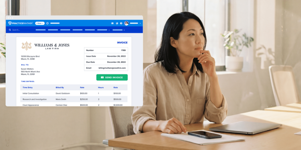 Female lawyer looking at a custom client invoice in PracticePanther