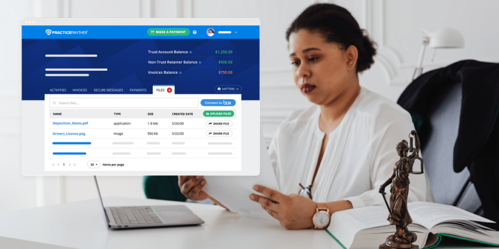 Female lawyer using PracticePanther to upload information into the client portal