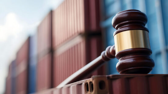 Gavel on cargo containers. Represents legal compliance in international trade. Symbolizes justice, law, and regulations in the import/export industry. Shows trade agreements.