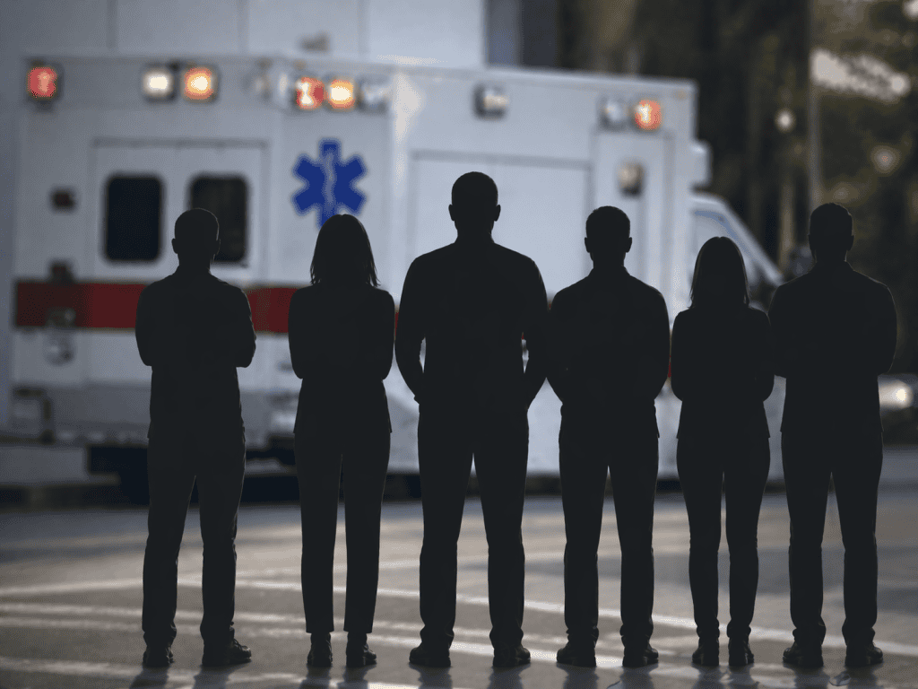 Martinez v. Sierra Lifestar is a reminder that California courts are not going to let employers defeat wage‑and‑hour class actions just by slicing up bonus practices and calling them “unique” to each employee. 2 Group of six dark, featureless human silhouettes standing side by side in the foreground, facing a slightly blurred ambulance with emergency lights in the background. Neutral tones and shallow depth of field create a professional, subdued editorial look, suggesting a group of workers connected to emergency medical services without identifying any individuals.