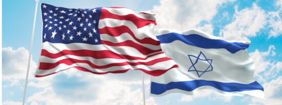 United States of America Israel Flags are waving in the sky-Shutterstock_409376671