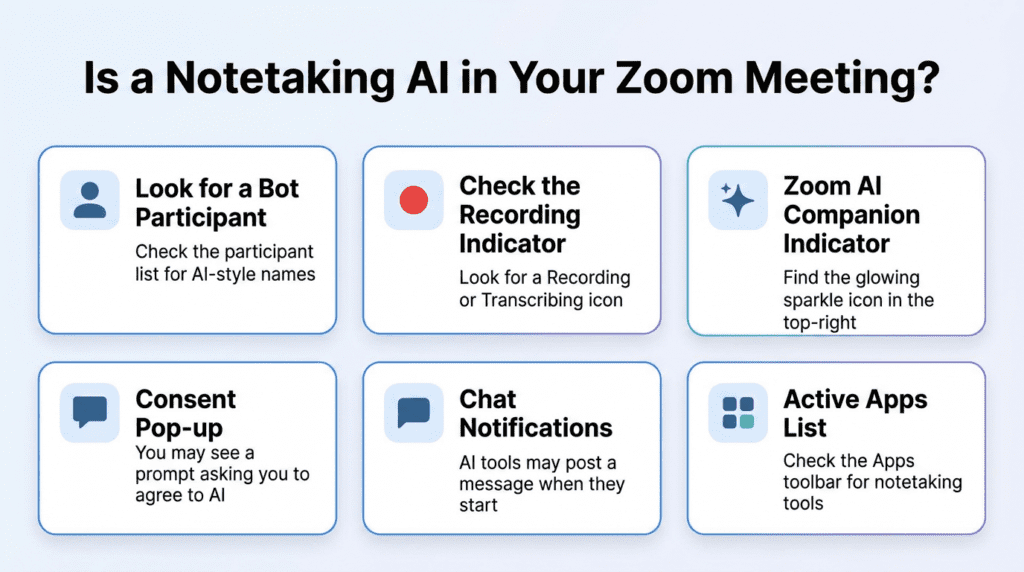 Graphic with the text: Is a Noutetaking AI in Your Zoom Meeting? Look for a bot participant. Check the participant list for AI-style names. Check the Recording Indicator. Look for a Recording or Transcribing icon. Zoom AI Companion Indicator. Find the glowing sparkles icon in the top-right. Consent Pop-up. You may see a prompt asking you to agree to AI. Chat Notification. AI tools may post a message when they start. Active Apps List. Check the Apps toolbar for notetaking tools.