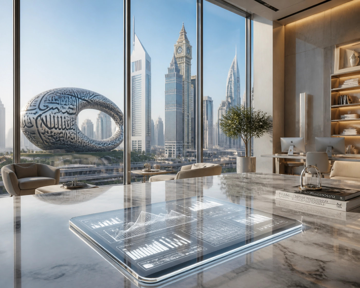 Modern Dubai office interior overlooking the Museum of the Future, representing UAE economic transformation.