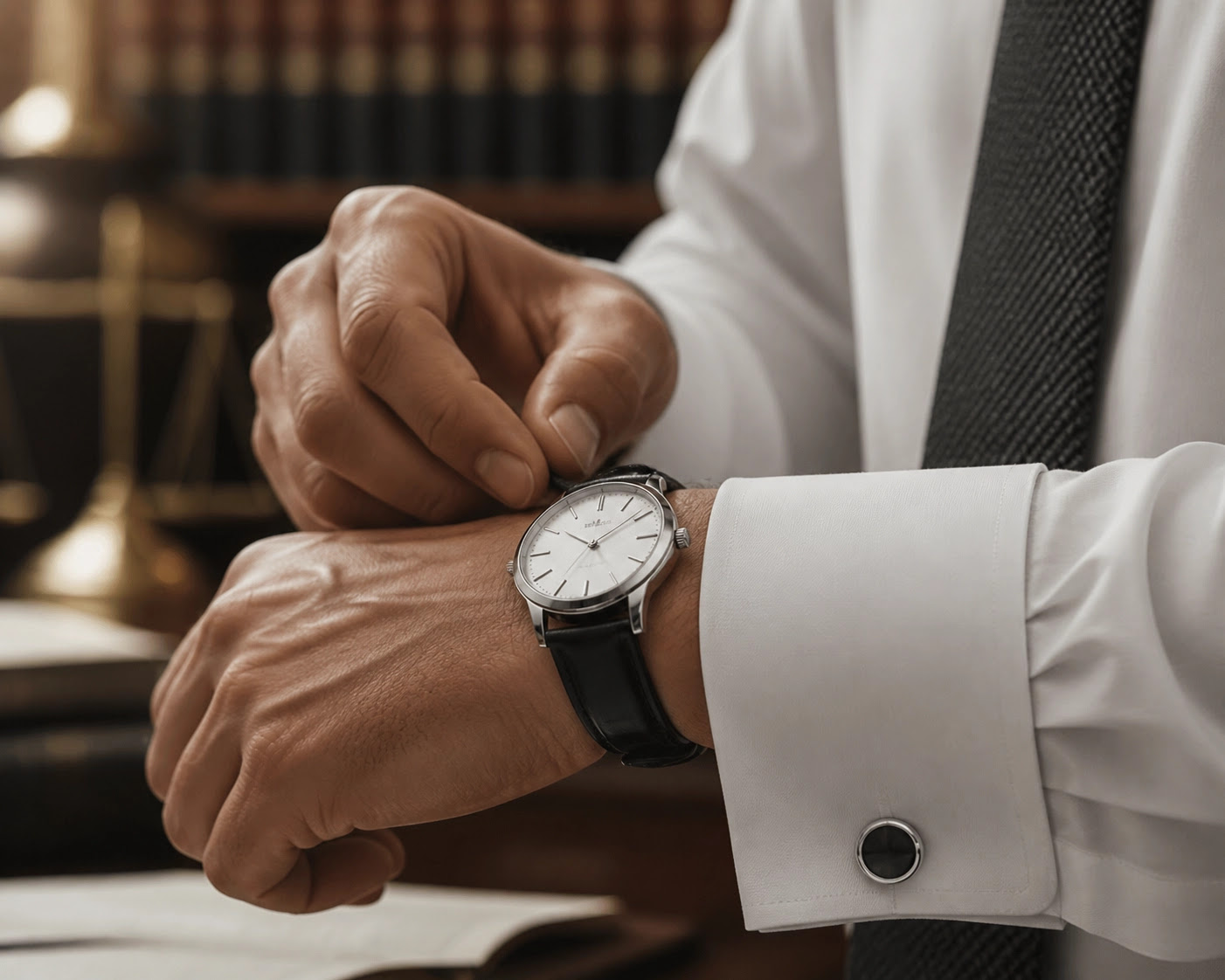 Detail of a silver watch and French cuffs signifying meticulous grooming for a composed court appearance.