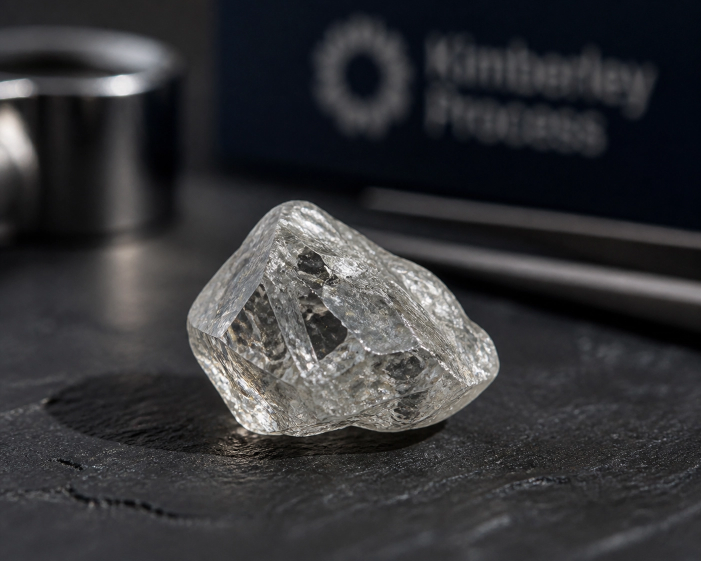 Rough natural diamond on slate, illustrating ethical sourcing through the Kimberley Process certification.