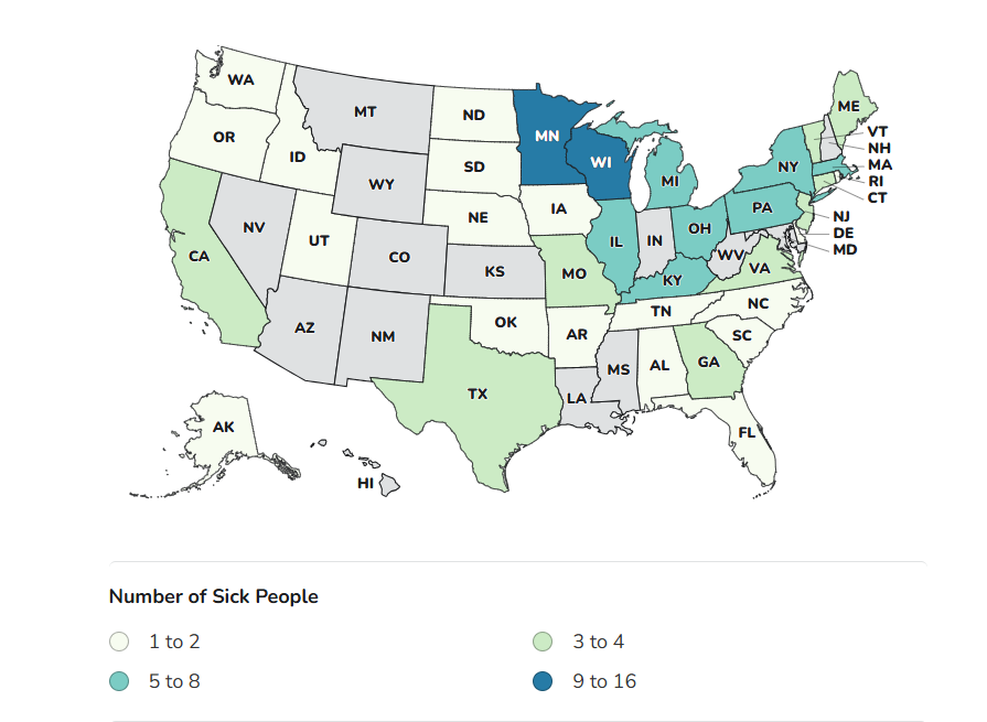 CDC case count map with cases in Alabama, California, Connecticut, Delaware, Iowa, Illinois, Kentucky, Massachusetts, Maine, Michigan, Minnesota, Missouri, North Carolina, North Dakota, Nebraska, New Jersey, New York, Ohio, Oklahoma, Pennsylvania, South Carolina, Tennessee, Texas, Utah, Virginia, Vermont, Washington, Wisconsin