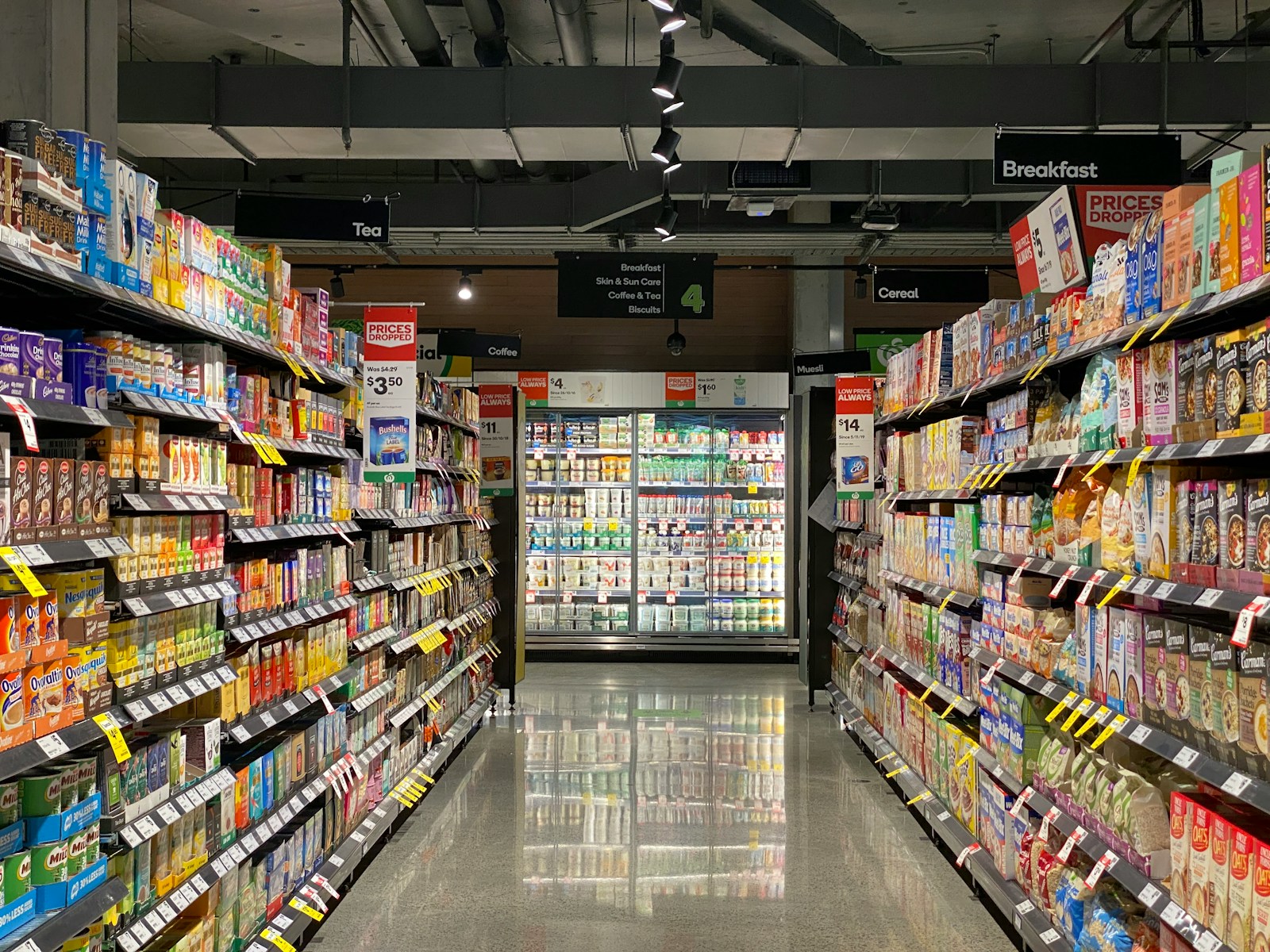 aisle, food, cheese, dairy refrigeration, cookies, biscuit, cereal, tea, coffee, yogurt, almond, rice, soy milk rice, spice, sauce, cereal, quick milk, store shelf shelf, store, supermarket, supermarket aisle