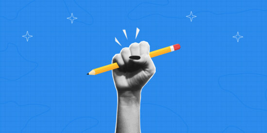 Collage halftone hand holding a pencil. Female halftone arm holds a drawn pencil. Back to school concept. Template for banners, posters and social media. Vector.