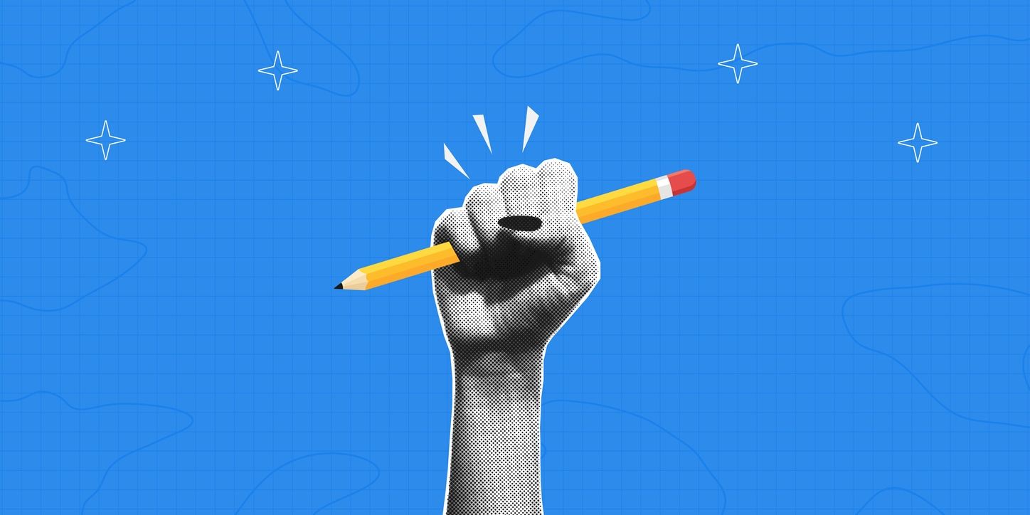 Collage halftone hand holding a pencil. Female halftone arm holds a drawn pencil. Back to school concept. Template for banners, posters and social media. Vector.