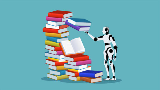 Learn more about Artificial Intelligence with books, Artificial Intelligence Technology Education Learning and Training. A robot standing with books