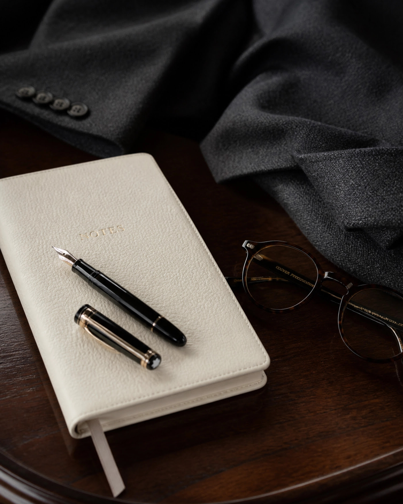 High-end leather notebook and spectacles representing quiet luxury and courtcore for private clients.