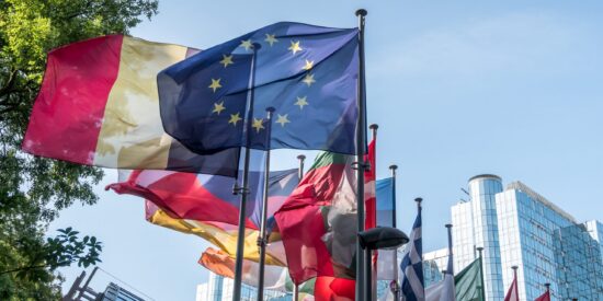 European national flags in front of European Parliament building