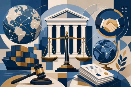 Illustration of global trade and justice with symbolic elements.