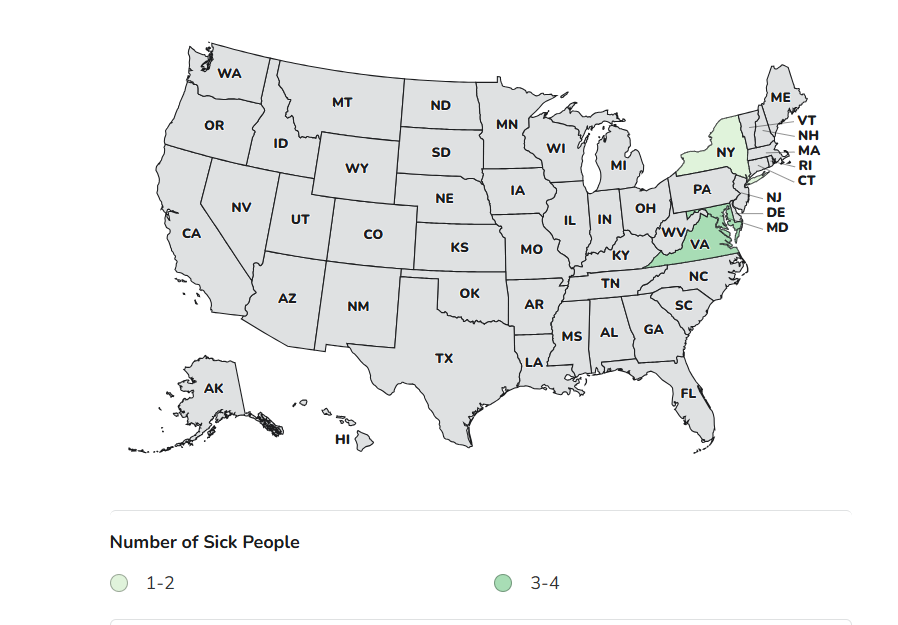 CDC Case Count Map for the Outbreak Investigation of Listeria monocytogenes Related to Soft Cheese (June 2026) A map of the United States showing the number of sick people by state. Most states are shaded gray, indicating no reported cases. New York and Virginia, Maryland are shaded in green, indicating sick people in those states.