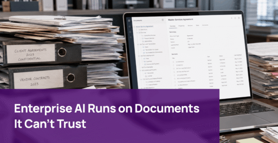 1:11 PMClaude responded: Enterprise AI Runs on Documents It Can't Trust — A laptop displaying a document management interface showing a Master Services Agreement with structured sectio…Enterprise AI Runs on Documents It Can't Trust