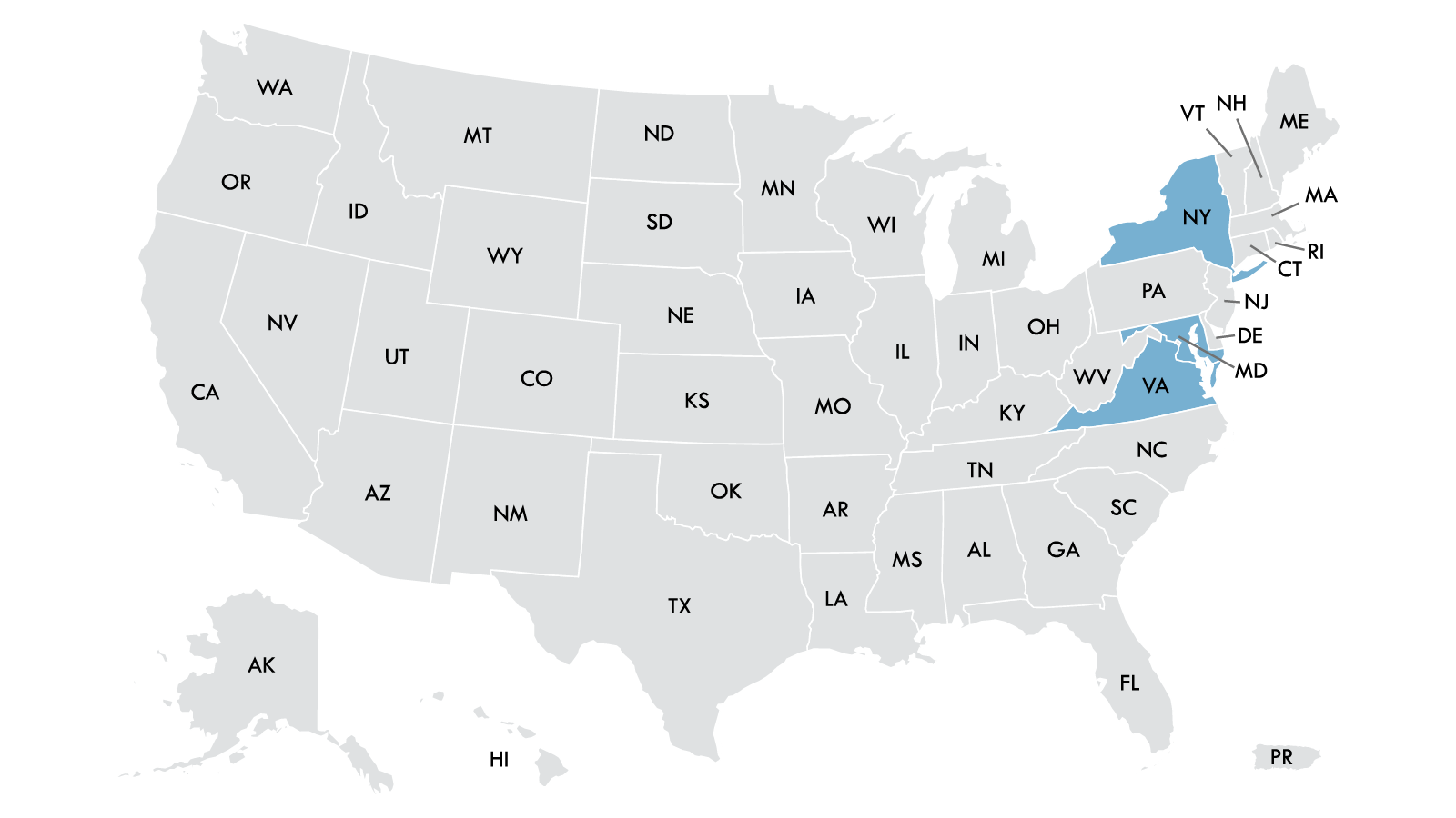 Product Distribution Map for the Outbreak Investigation of Listeria monocytogenes Related to Soft Cheese (June 2026) Map of the United States, including Alaska, Hawaii, and Puerto Rico, with all states labeled by their two-letter abbreviations. Maryland (MD), New York (NY), and Virginia (VA) are highlighted in blue, while all other states and territories are shown in gray.”