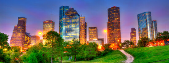 Houston Texas modern skyline at sunset twilight on park