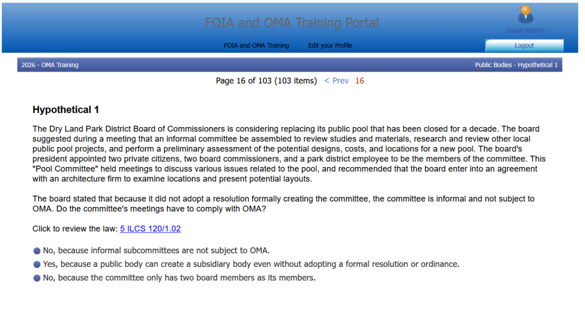 A screenshot of a website with a large blue bar at the top with site branding. Below it is a smaller blue bar that stretches across about 80% of the screen. Below that is a hypothetical question around decision-making by a sub-committee. Below the fact pattern, the visitor can select from three answers.
