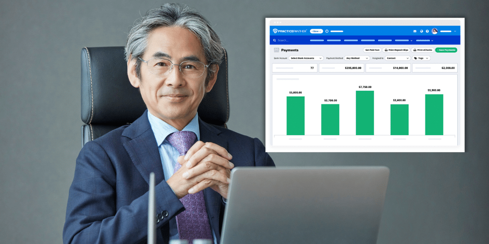 Male lawyer looking at PracticePanther's reporting dashboard on his laptop