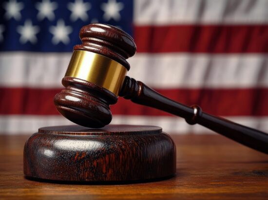 wooden judge gavel poised above matching sound block with a blurred american flag background, conveying solemn authority and justice