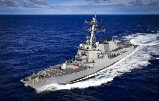 USS Oscar Austin transits the Atlantic ocean.