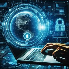 Hands typing on a laptop with a globe and padlock in the background 