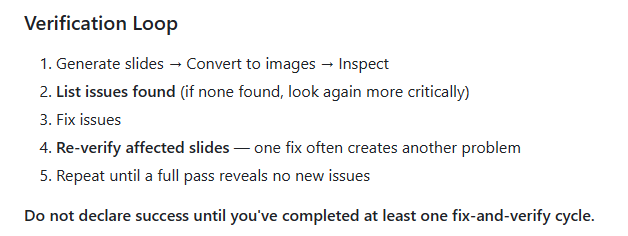 A screenshot of text from a document. The text is in a list under the heading Verification Loop and includes items like "generate slides" and "fix issues"