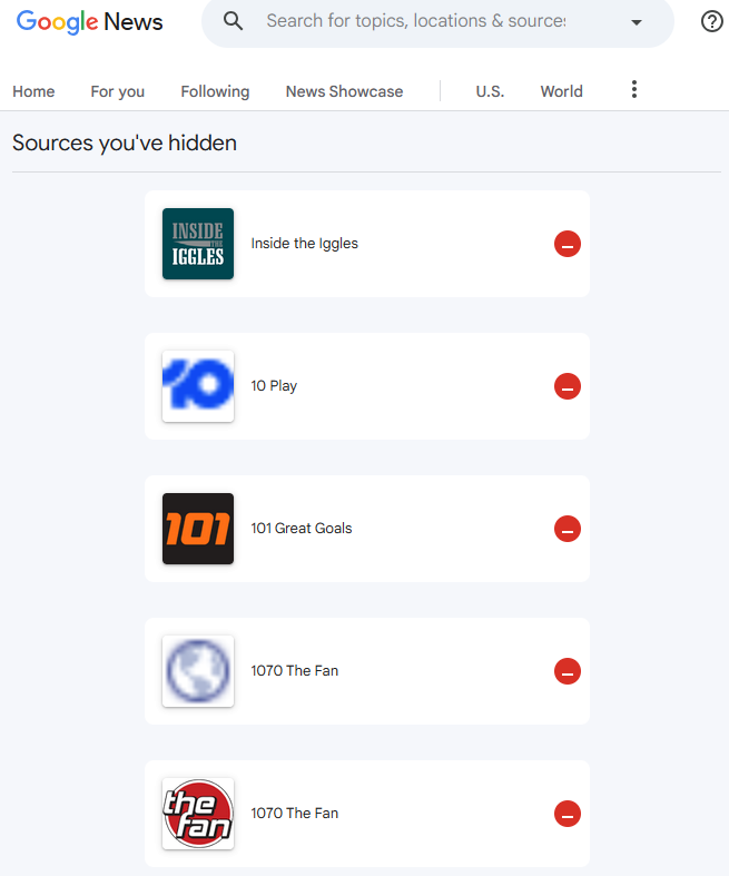 A screenshot of the Google News settings page showing "hidden" sources (blocked content). It is a tabular list of icons, names of platforms, and an unblock button.