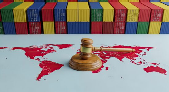 Wooden judge's gavel resting on a vibrant red world map symbolizing international law and global trade with a backdrop of colorful stacked shipping containers representing logistics and commerce