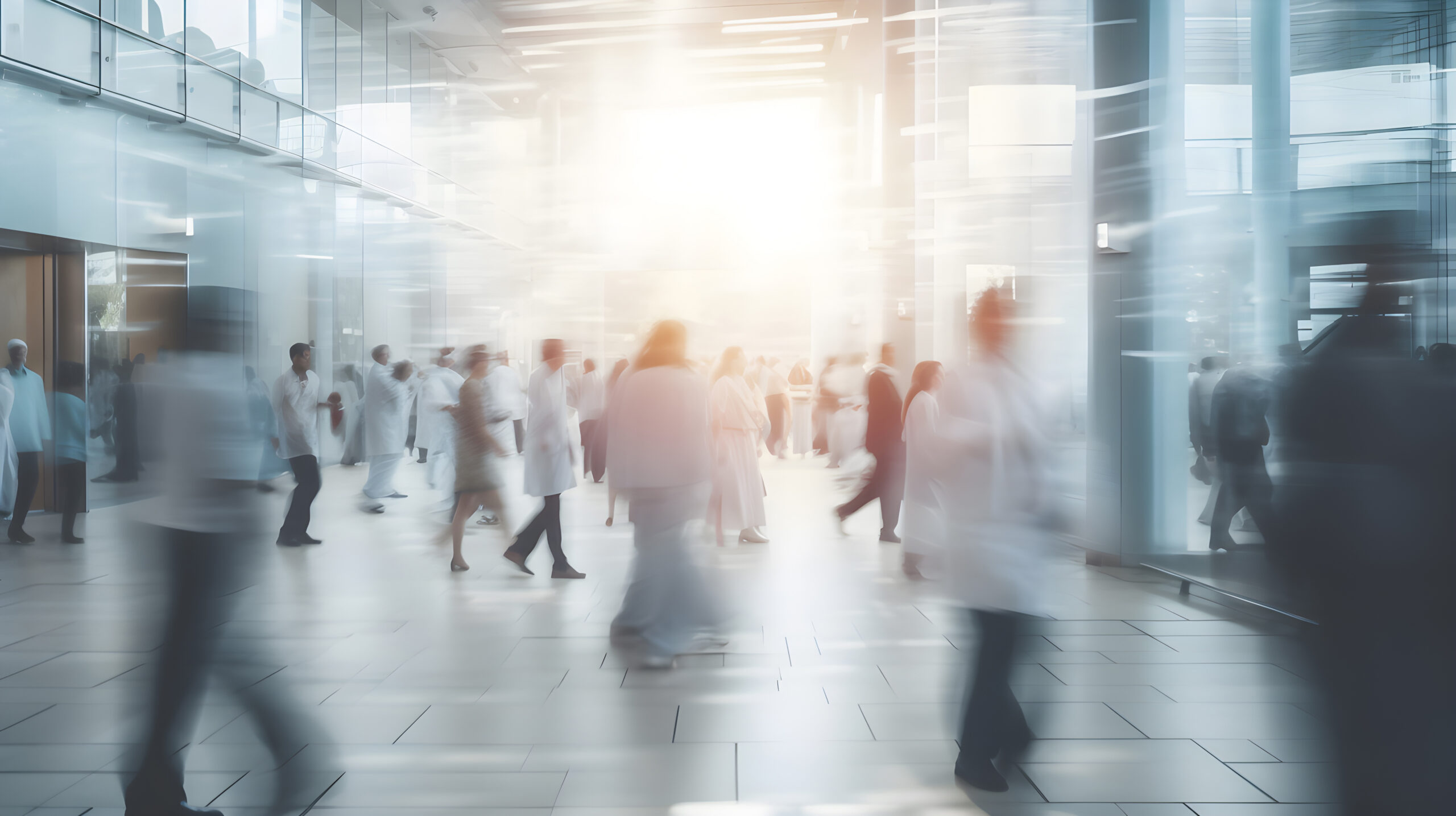 abstract blurred image of doctor and patient people in hospital interior or clinic corridor for background, laboratory, science experiment, health care and medical technology concept, Generative AI