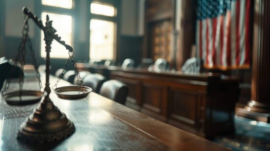 Scales of Justice in a Courtroom Setting