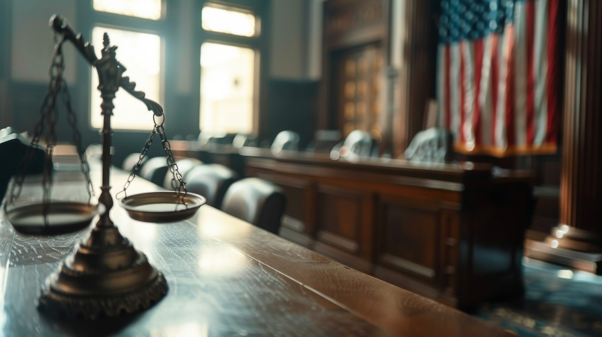 Scales of Justice in a Courtroom Setting