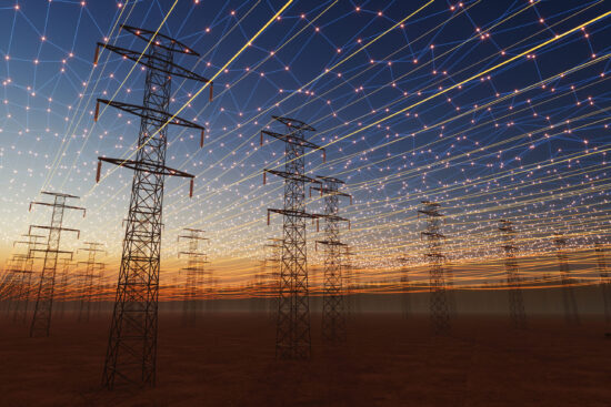 Digital Energy Grid Concept with High-Voltage Power Lines at Sunset