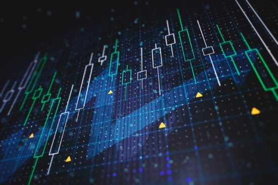 Abstract financial charts with upward arrow on a blue background. 3D Rendering