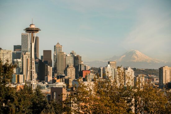 Seattle Washington Skyline over Kerry Park with Mount Rainier.